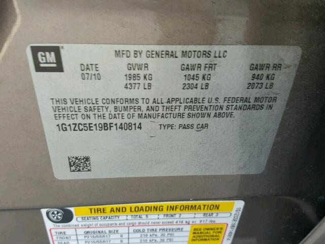 1G1ZC5E19BF140814 - 2011 CHEVROLET MALIBU 1LT GOLD photo 10