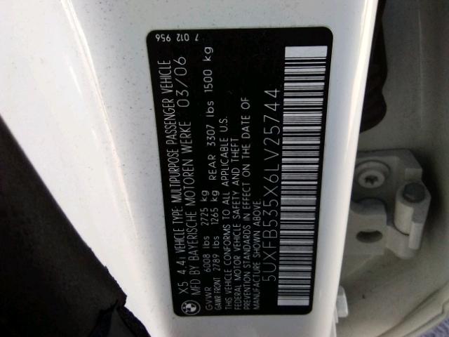 5UXFB535X6LV25744 - 2006 BMW X5 4.4I WHITE photo 10