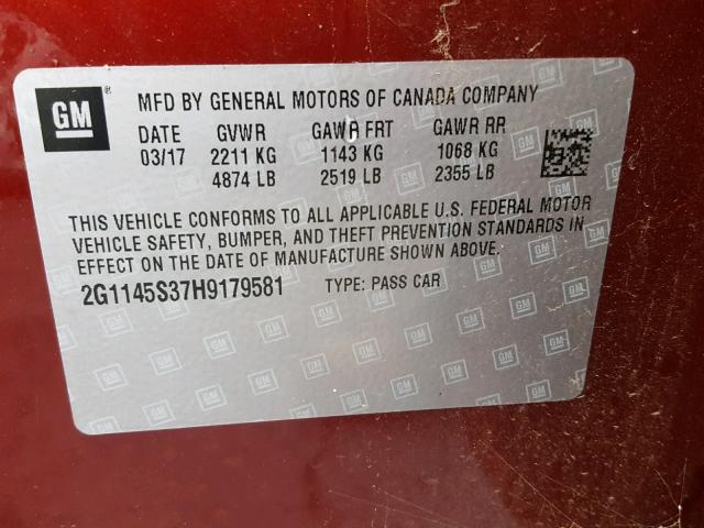 2G1145S37H9179581 - 2017 CHEVROLET IMPALA PRE ბურგუნდია ფოტო 10