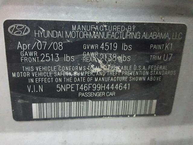 5NPET46F99H444641 - 2009 HYUNDAI SONATA GLS GRAY photo 10