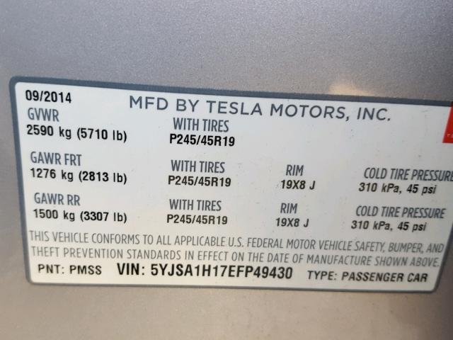 5YJSA1H17EFP49430 - 2014 TESLA MODEL S TAN photo 10