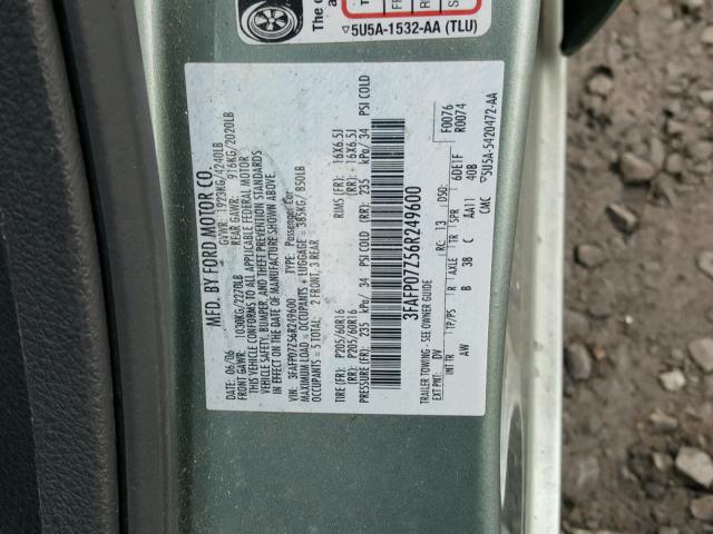 3FAFP07Z56R249600 - 2006 FORD FUSION SE GREEN photo 10