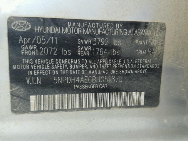 5NPDH4AE6BH051875 - 2011 HYUNDAI ELANTRA GL SILVER photo 10