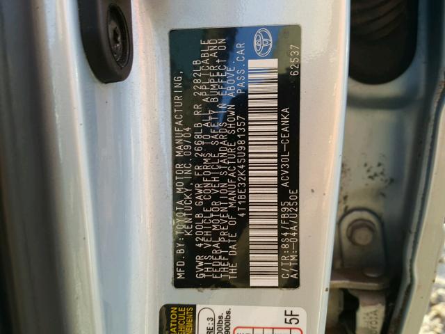 4T1BE32K45U981357 - 2005 TOYOTA CAMRY LE SILVER photo 10