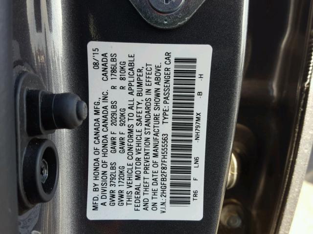 2HGFB2F87FH555563 - 2015 HONDA CIVIC EX GRAY photo 10