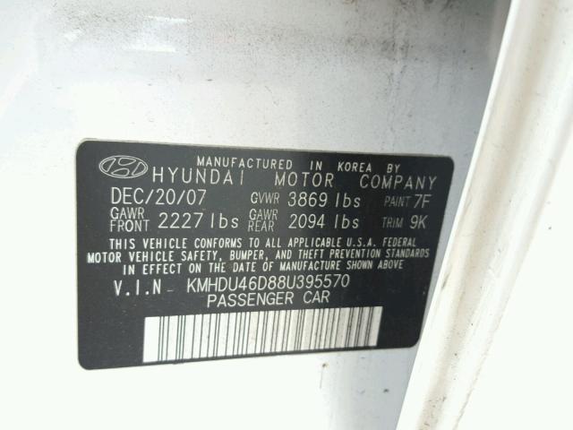 KMHDU46D88U395570 - 2008 HYUNDAI ELANTRA GL WHITE photo 10