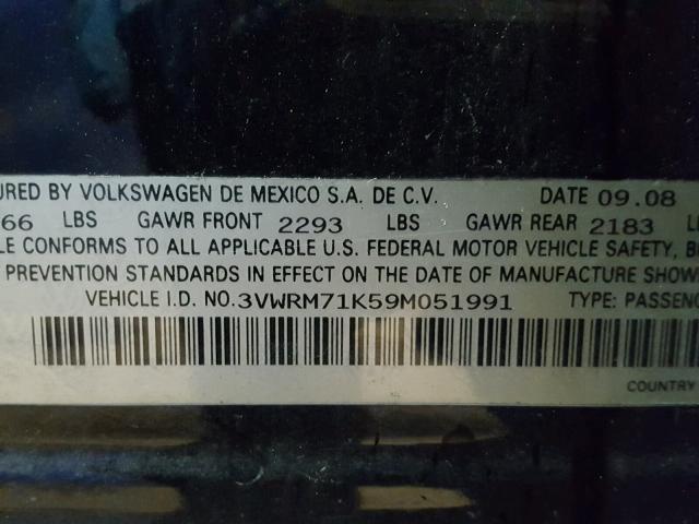 3VWRM71K59M051991 - 2009 VOLKSWAGEN JETTA SE أسود صورة 10