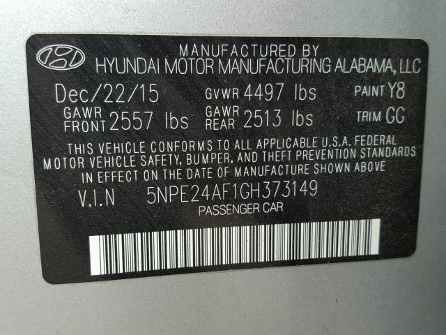 5NPE24AF1GH373149 - 2016 HYUNDAI SONATA SE SILVER photo 10