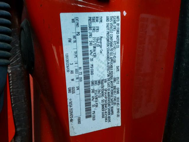 1FAHP3H24CL431083 - 2012 FORD FOCUS SEL RED photo 10