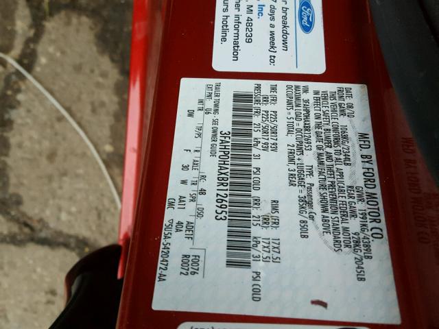 3FAHP0HAXBR126953 - 2011 FORD FUSION SE RED photo 10