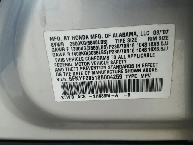 5FNYF28518B004259 - 2008 HONDA PILOT EXL SILVER photo 10