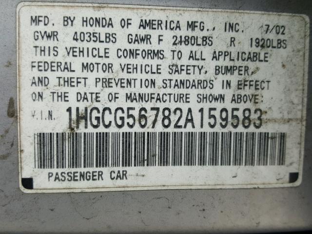 1HGCG56782A159583 - 2002 HONDA ACCORD SE SILVER photo 10