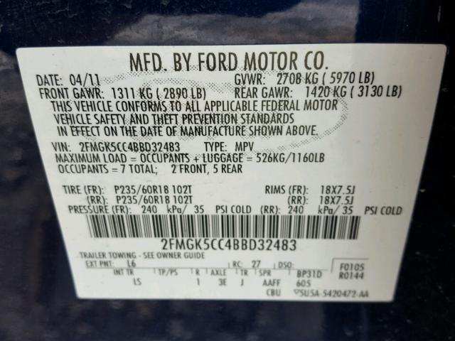 2FMGK5CC4BBD32483 - 2011 FORD FLEX SEL BLUE photo 10