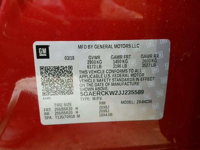 5GAERCKW2JJ235589 - 2018 BUICK ENCLAVE PR RED photo 10