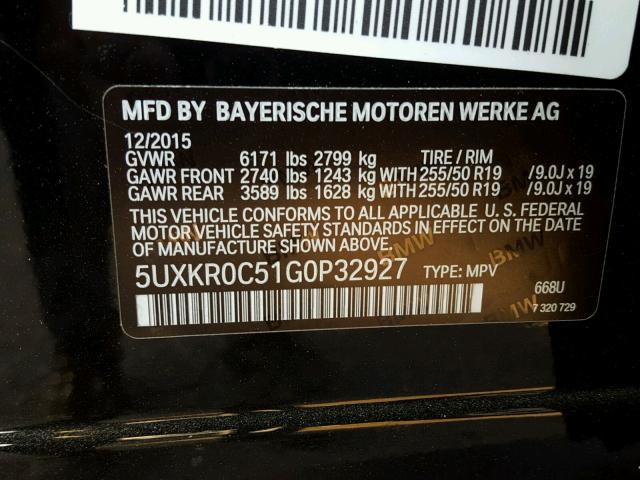 5UXKR0C51G0P32927 - 2016 BMW X5 XDRIVE3 BLACK photo 10