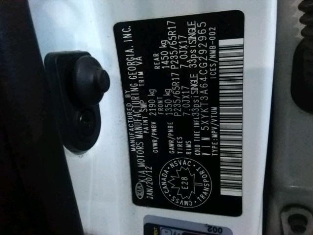 5XYKT3A64CG292965 - 2012 KIA SORENTO BA WHITE photo 10