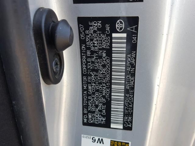 JTKDE167880225087 - 2008 TOYOTA SCION TC 银色 照片 10