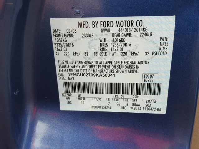 1FMCU02799KA50341 - 2009 FORD ESCAPE XLS BLUE photo 10