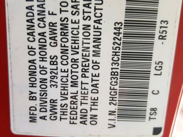 2HGFG3B13CH522443 - 2012 HONDA CIVIC EXL 红色 照片 10