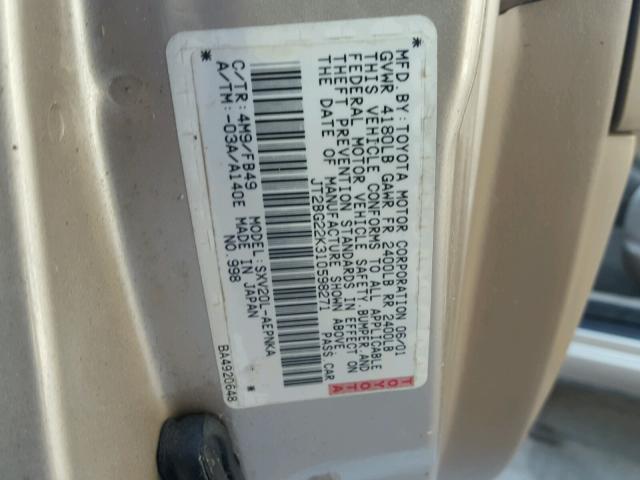 JT2BG22K310598271 - 2001 TOYOTA CAMRY CE GOLD photo 10