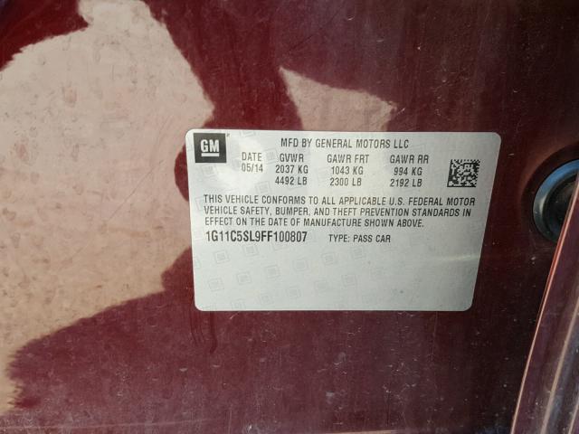 1G11C5SL9FF100807 - 2015 CHEVROLET MALIBU 1LT BURGUNDY photo 10