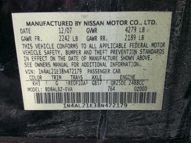 1N4AL21E38N472179 - 2008 NISSAN ALTIMA 2.5 BLACK photo 10