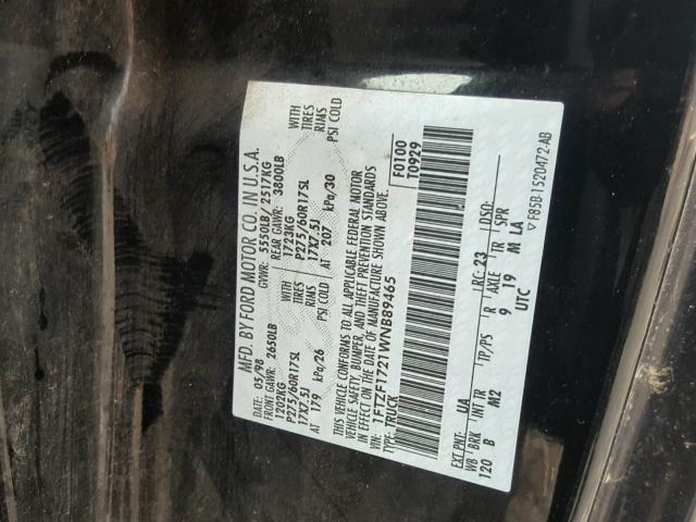 1FTZF1721WNB89465 - 1998 FORD F150 BLACK photo 10