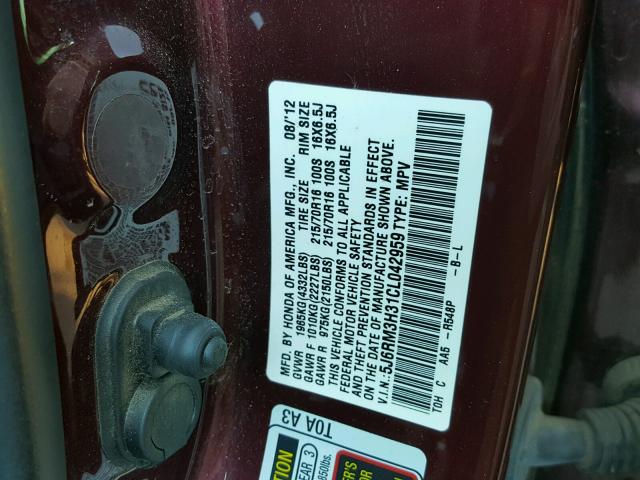 5J6RM3H31CL042959 - 2012 HONDA CR-V LX MAROON photo 10