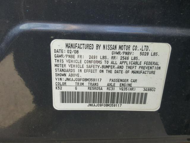 JNKAJ09F08M359117 - 2008 INFINITI EX35 BASE CHARCOAL photo 10