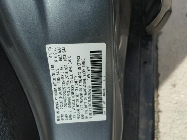 JHLRD77895C065258 - 2005 HONDA CR-V EX GRAY photo 10