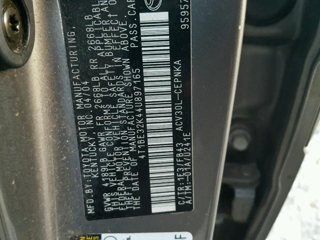 4T1BE32K44U897165 - 2004 TOYOTA CAMRY LE GRAY photo 10