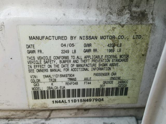 1N4AL11D15N497904 - 2005 NISSAN ALTIMA S WHITE photo 10