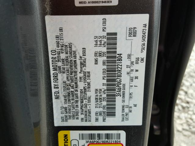 3FA6P0G78DR221804 - 2013 FORD FUSION S GRAY photo 10