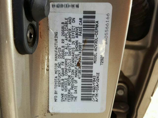 4T1BE32K23U743987 - 2003 TOYOTA CAMRY LE TAN photo 10