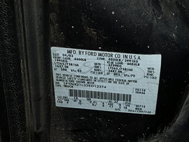 1FTNX21L33ED12374 - 2003 FORD F250 SUPER GRAY photo 10