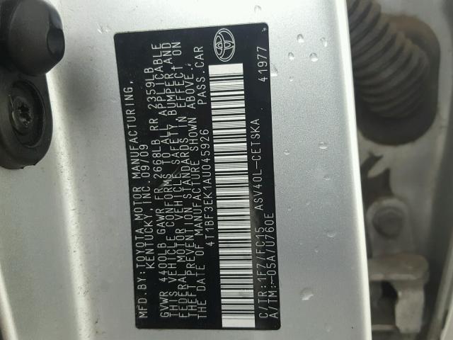 4T1BF3EK1AU045926 - 2010 TOYOTA CAMRY BASE SILVER photo 10