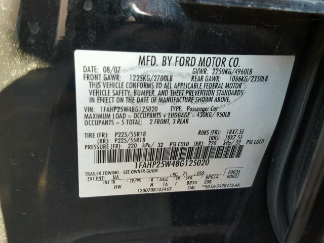 1FAHP25W48G125020 - 2008 FORD TAURUS LIM BLACK photo 10