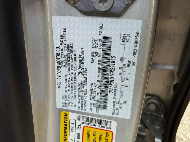 3FA6P0LU1GR291855 - 2016 FORD FUSION SE SILVER photo 10