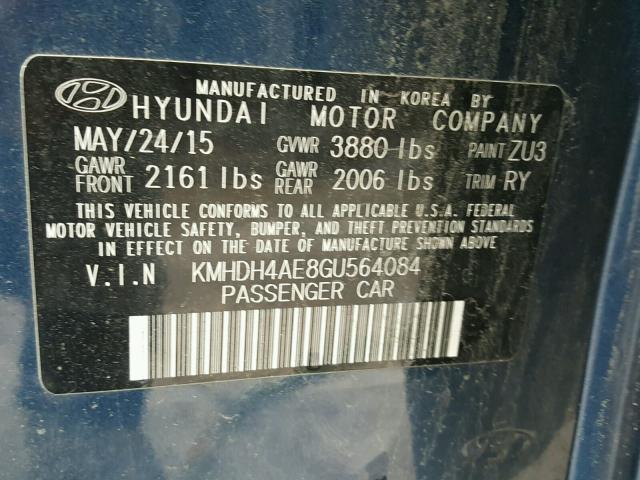 KMHDH4AE8GU564084 - 2016 HYUNDAI ELANTRA SE BLUE photo 10