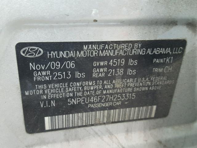 5NPEU46F27H253315 - 2007 HYUNDAI SONATA SE SILVER photo 10