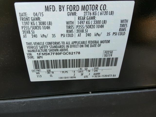 1FM5K7F89FGC62178 - 2015 FORD EXPLORER L BLACK photo 10