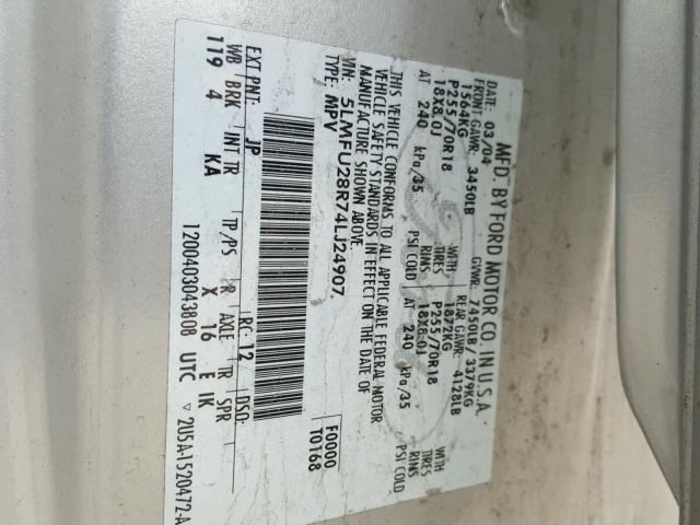 5LMFU28R74LJ24907 - 2004 LINCOLN NAVIGATOR SILVER photo 10