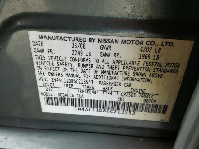 1N4AL11D86C213553 - 2006 NISSAN ALTIMA S GREEN photo 10