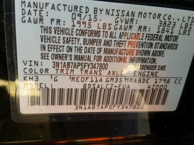 3N1AB7AP5FY347800 - 2015 NISSAN SENTRA S BLACK photo 10