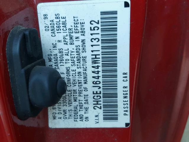 2HGEJ6444WH113152 - 1998 HONDA CIVIC DX RED photo 10