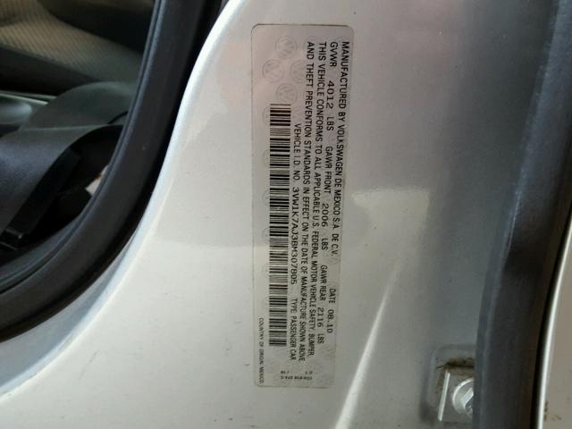 3VW1K7AJ3BM307805 - 2011 VOLKSWAGEN JETTA BASE SILVER photo 10