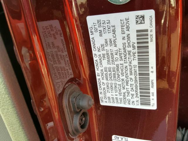 2HKRW6H39HH204110 - 2017 HONDA CR-V LX BURGUNDY photo 10