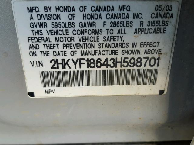 2HKYF18643H598701 - 2003 HONDA PILOT EXL SILVER photo 10