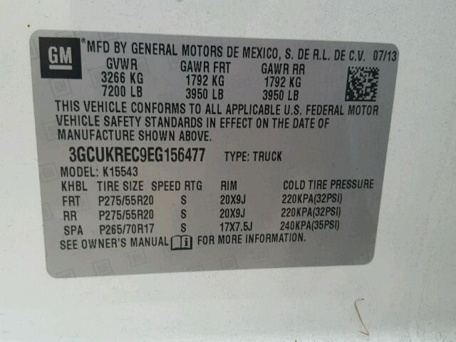 3GCUKREC9EG156477 - 2014 CHEVROLET SILVERADO WHITE photo 10