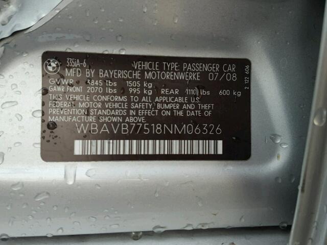 WBAVB77518NM06326 - 2008 BMW 335 I SILVER photo 10